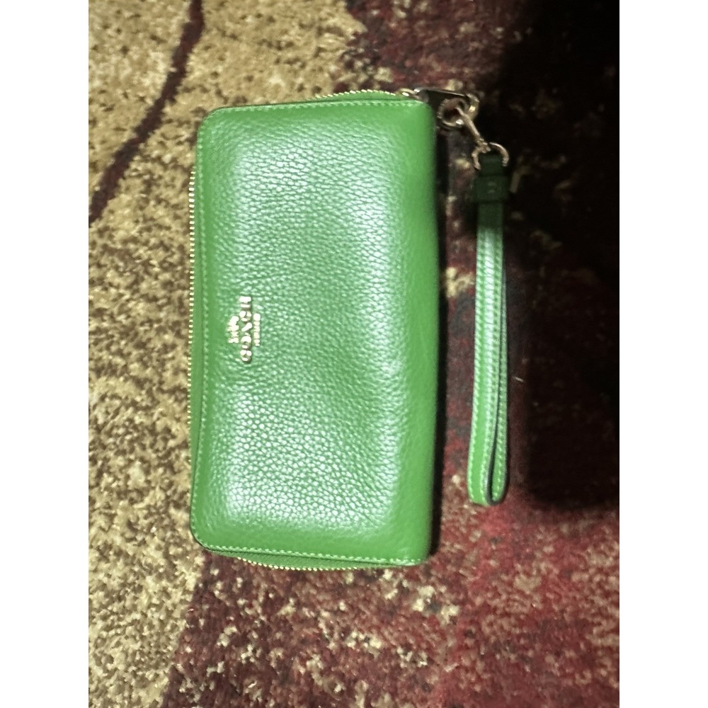COACH Long Zip-Around Green Pebble Leather Wallet with Gold Hardware AUTHENTIC